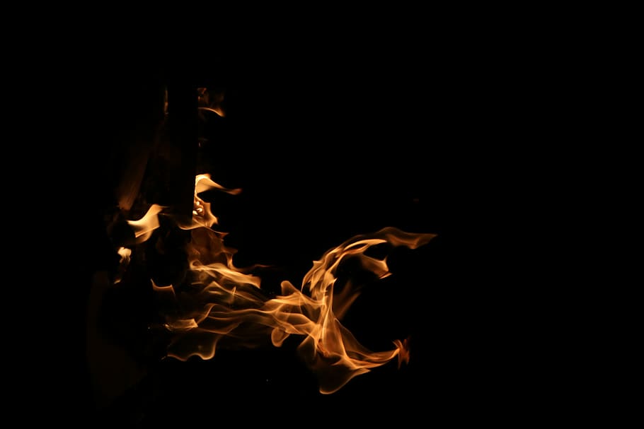 burning fire photo, flame, night, dark, orange, heat - temperature HD wallpaper