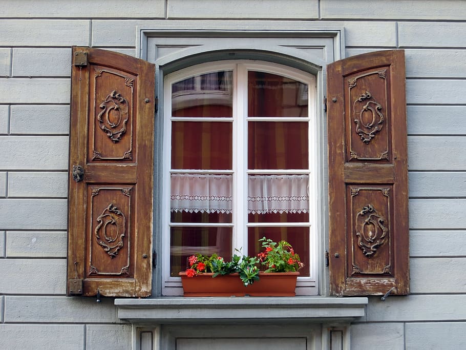 brown wooden window opened, shutter, facade, building exterior HD wallpaper