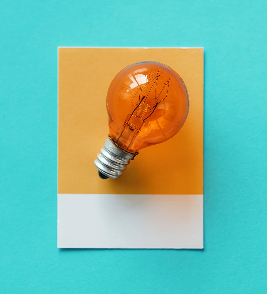 orange filament light bulb, paper, electricity, card, colorful, HD wallpaper