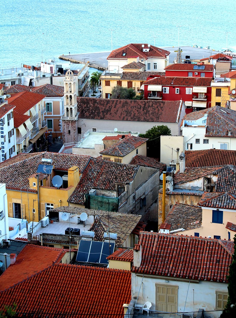 nafplio, greek port city of, the peloponnese, rooftops, close settlement, HD wallpaper