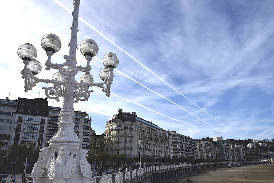 sky, street lamp, clouds, beach, hotel london, donostia, san sebastian HD wallpaper