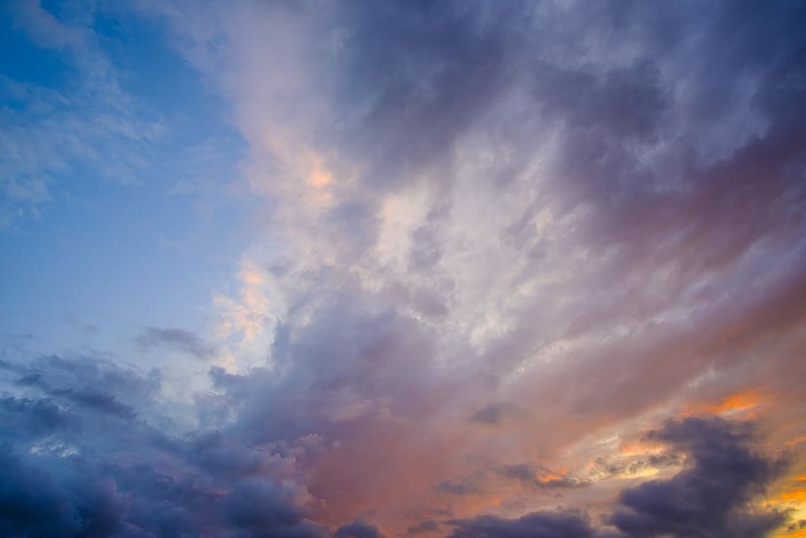 gray clouds during daytime, white and gray sky, dusk, blue, orange HD wallpaper