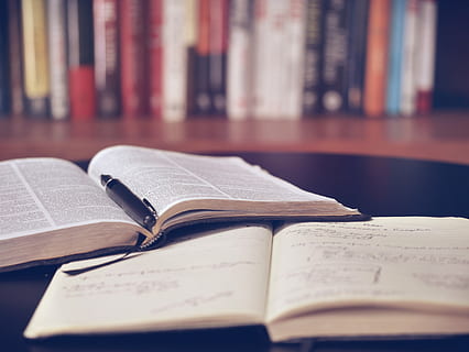 black dip pen on top of two books, open book, library, education HD wallpaper