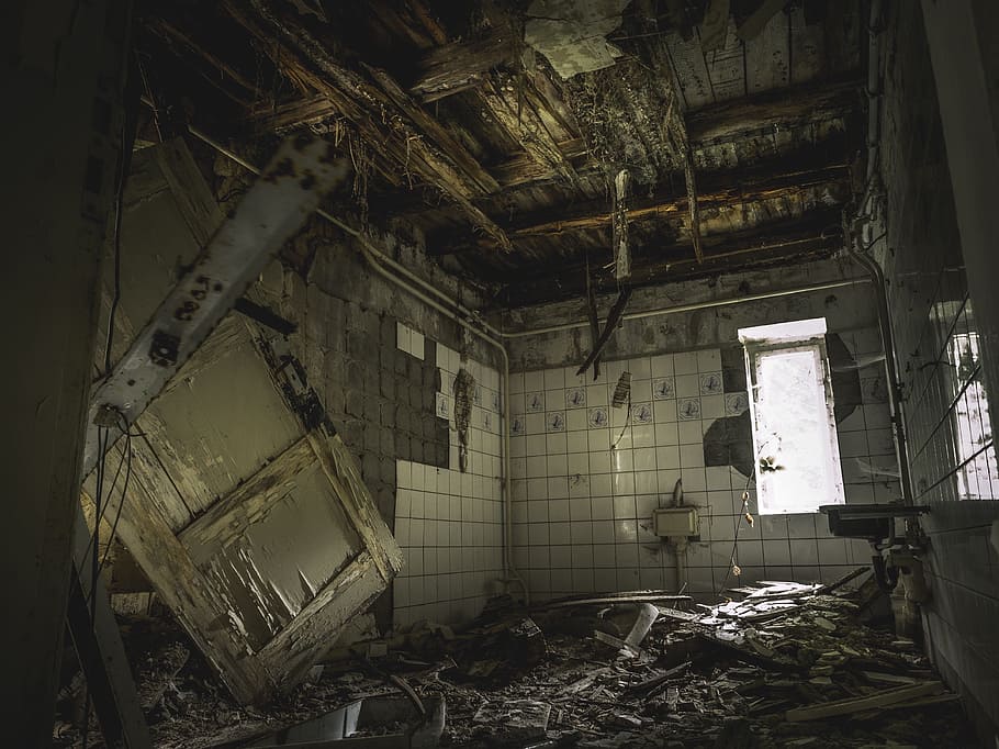 photo of wrecked bathroom, lost place, horror, abandoned building