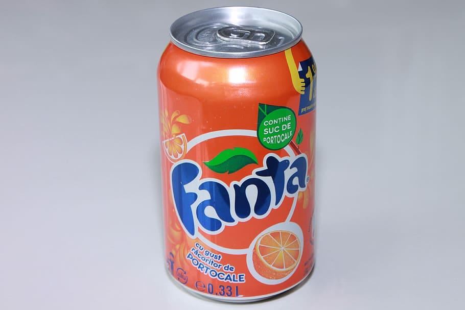 Fanta juice pop can, Aluminum, Can, Coca-Cola, Cylinder, drink