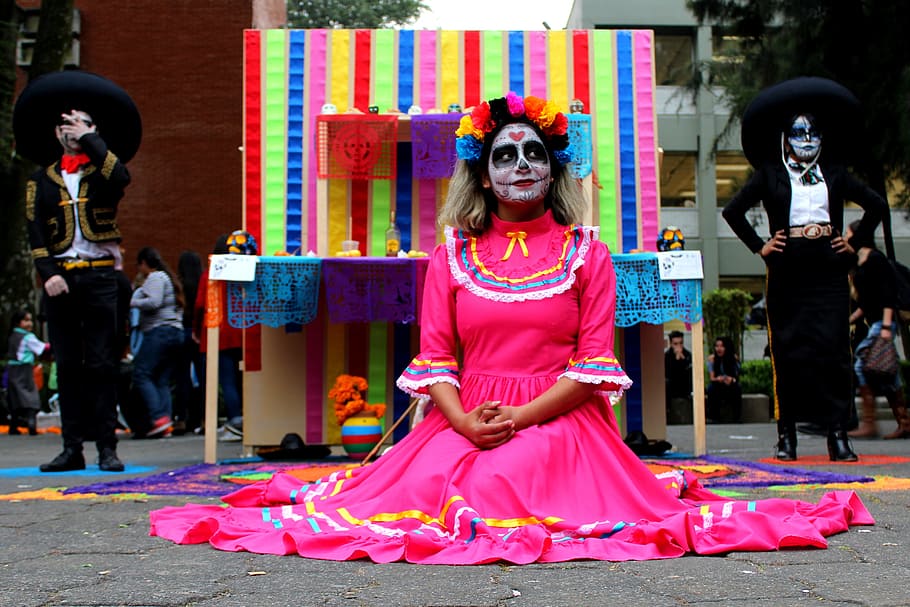 woman sitting wearing pink dress, offering, colors, dead, popular festivals HD wallpaper