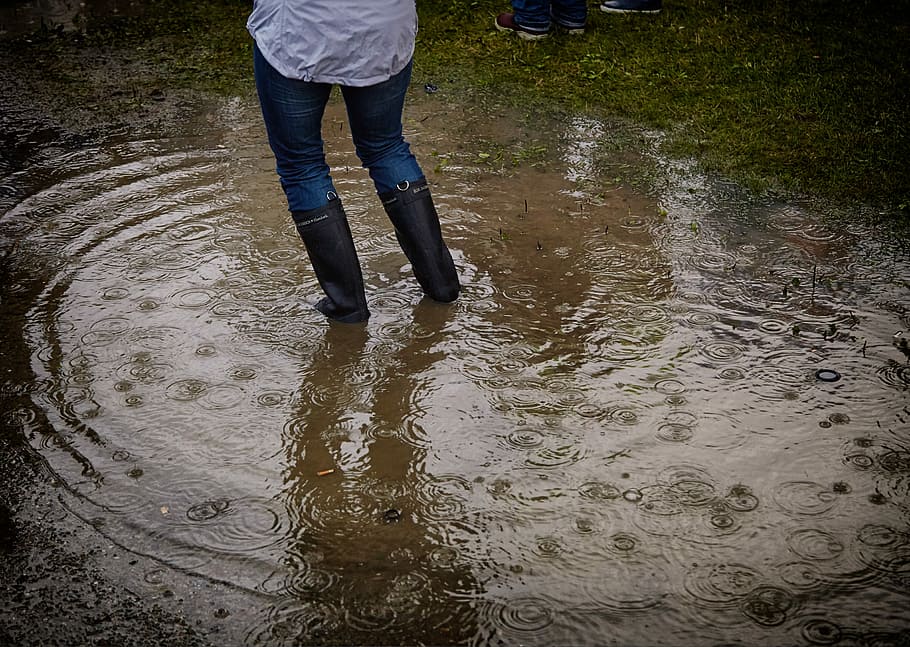 person with rain boots standing on body of water, person standing on mud HD wallpaper