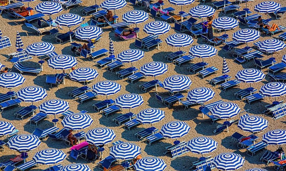 aerial photography of blue-and-white patio umbrellas, white and blue stripe parasols HD wallpaper