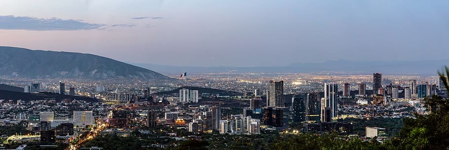 buildings near mountain under blue sky, Panorama, Monterrey, Mexico