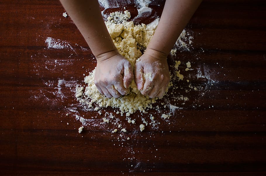 person holding flour photo, dough, floor, baking, kitchen, chef HD wallpaper