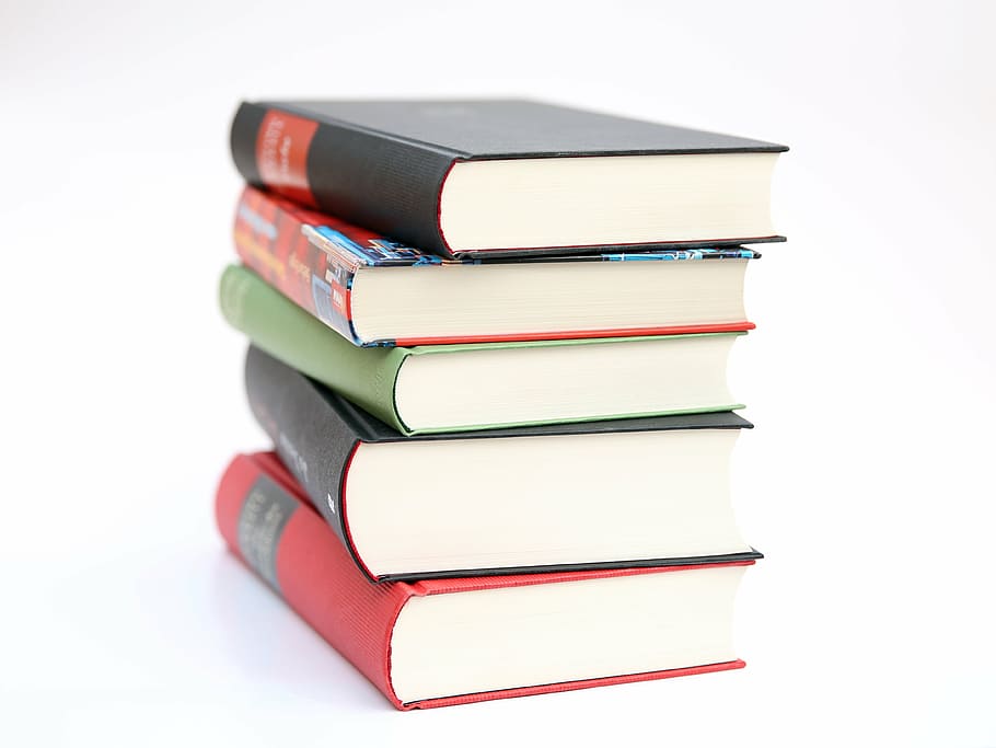 five pile of books in white background, education, school, literature