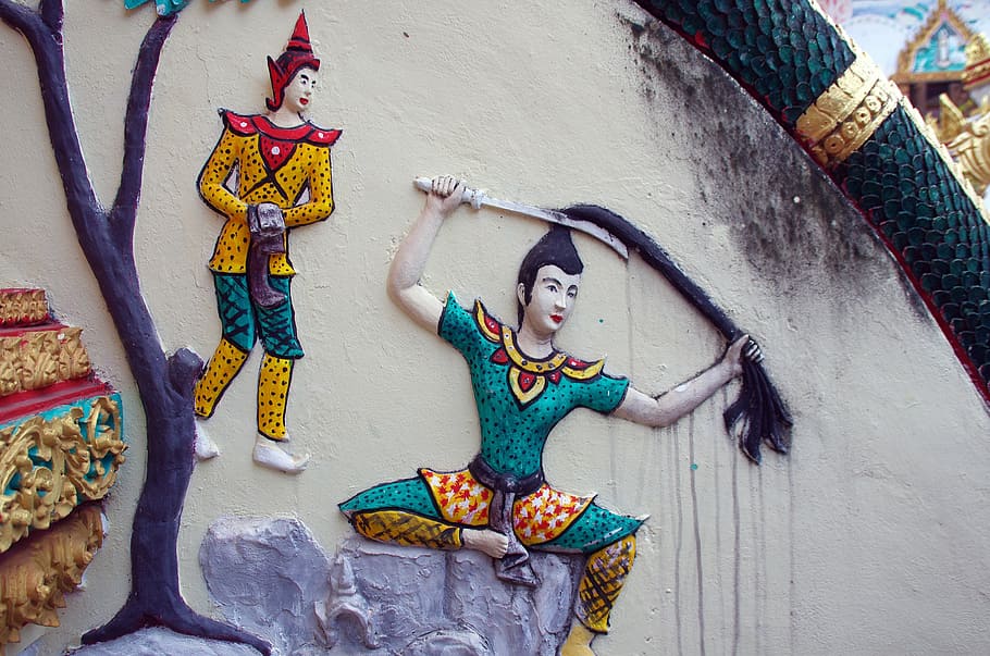 laos, vientiane, mosaic, mural, characters, stories, temple, HD wallpaper