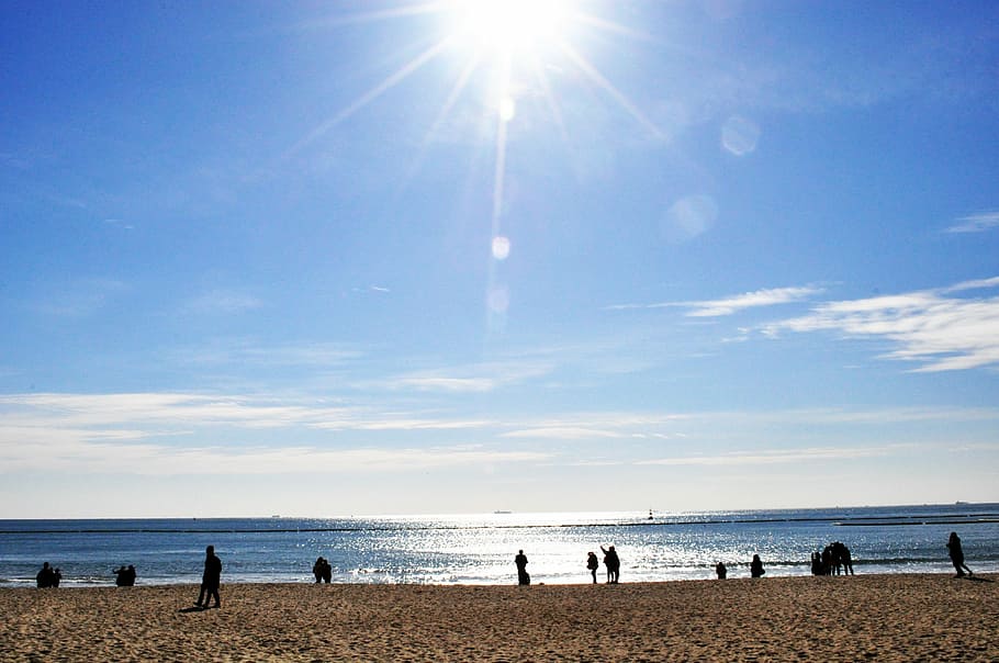 people on seashore under blue sky, haeundae beach, sunshine, sandy, HD wallpaper