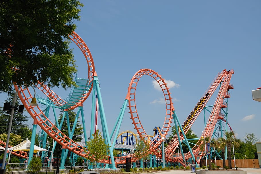 red and teal roller coaster at daytime, Ride, Fun, Amusement