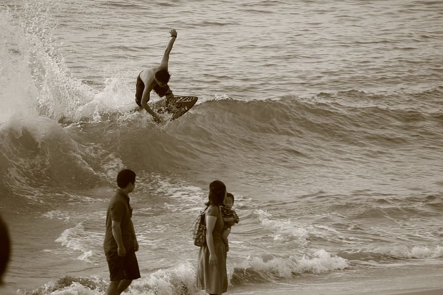 wave, beach, surfer, water, sea, motion, leisure activity, men HD wallpaper