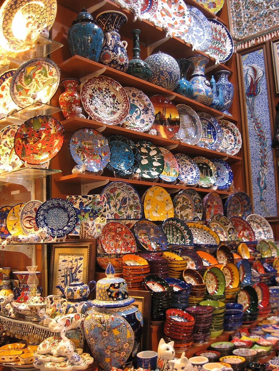 Ceramics, Bazaar, Turkey, variation, choice, shelf, large group of objects HD wallpaper