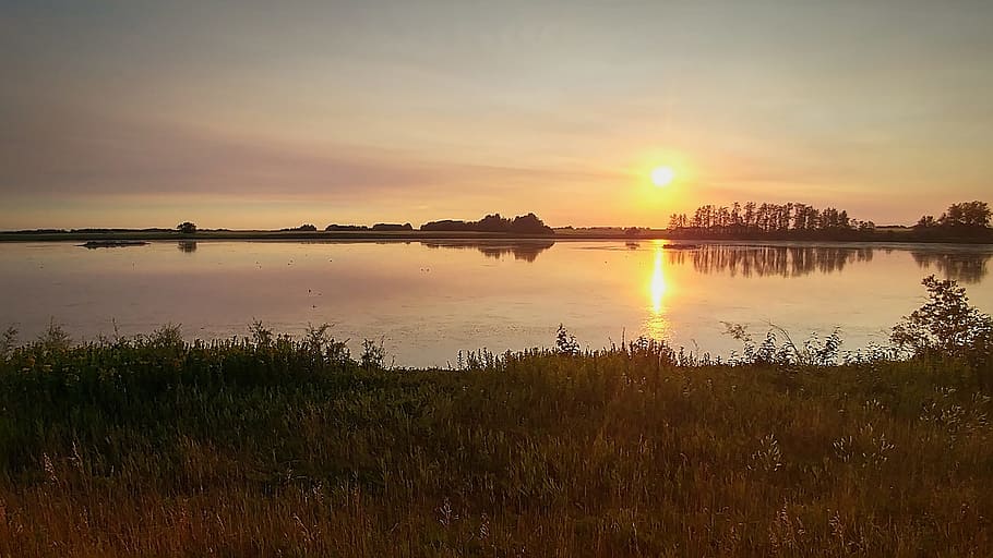 sunset, warm, lake, landscape, evening, clear, gold, nature HD wallpaper