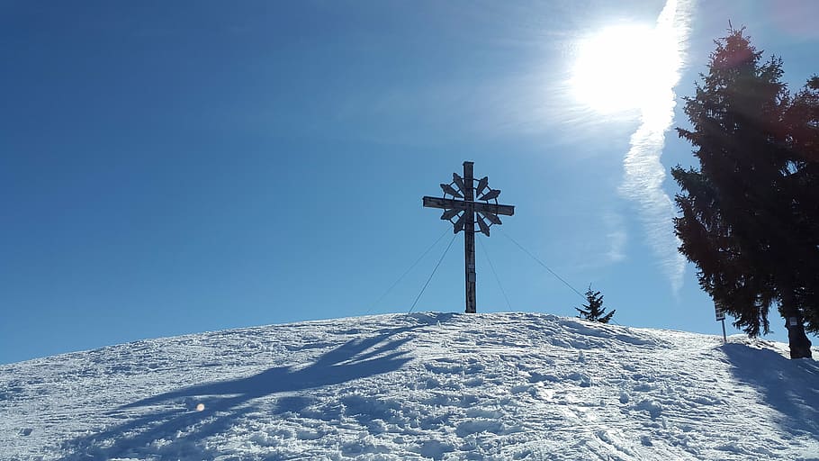 sun head, summit cross, winter, allgäu, alpine, mountain, mountaineering HD wallpaper