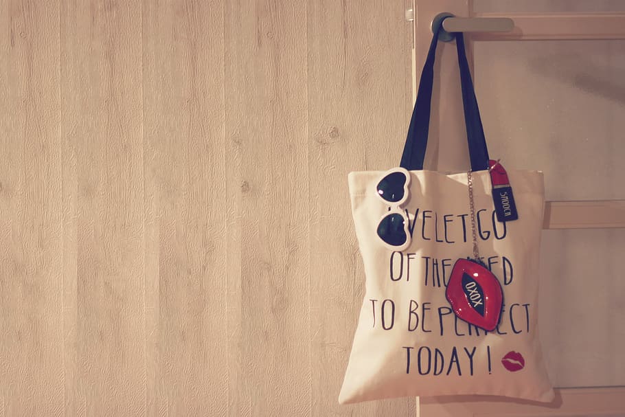 white and black tote bag hanging on white door lever, text, no people, HD wallpaper