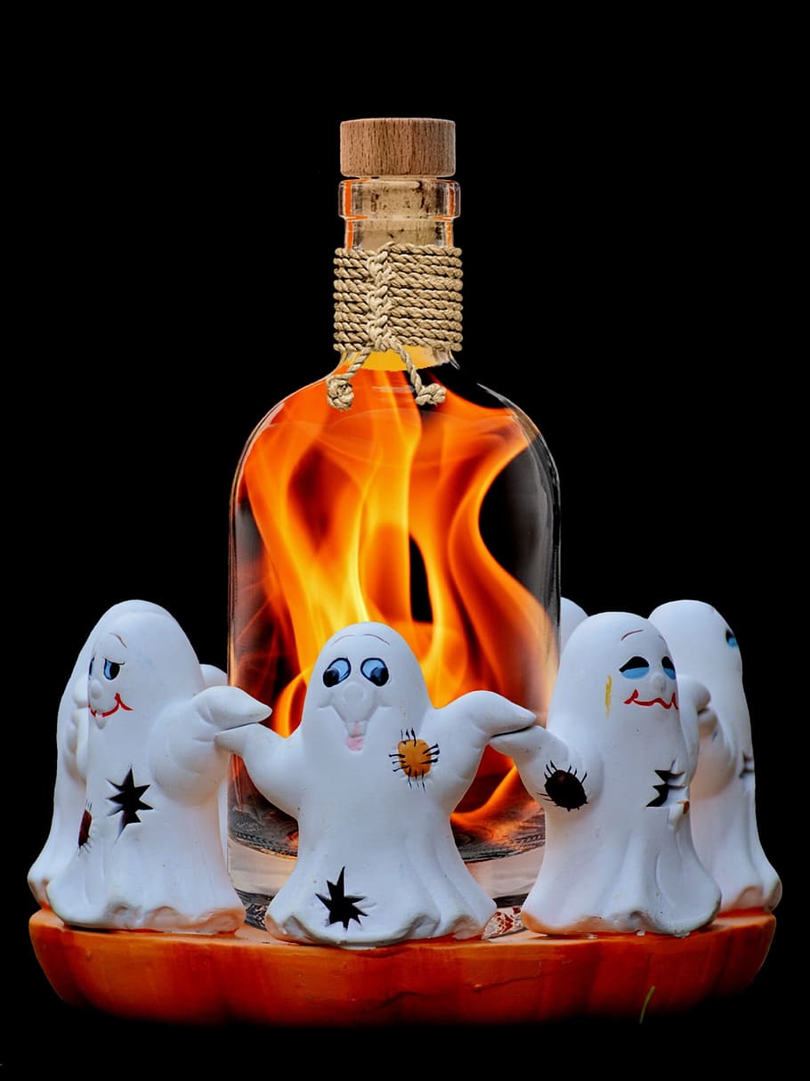 Halloween decoration, ghosts, bottle, fire water, flame, fiery HD wallpaper