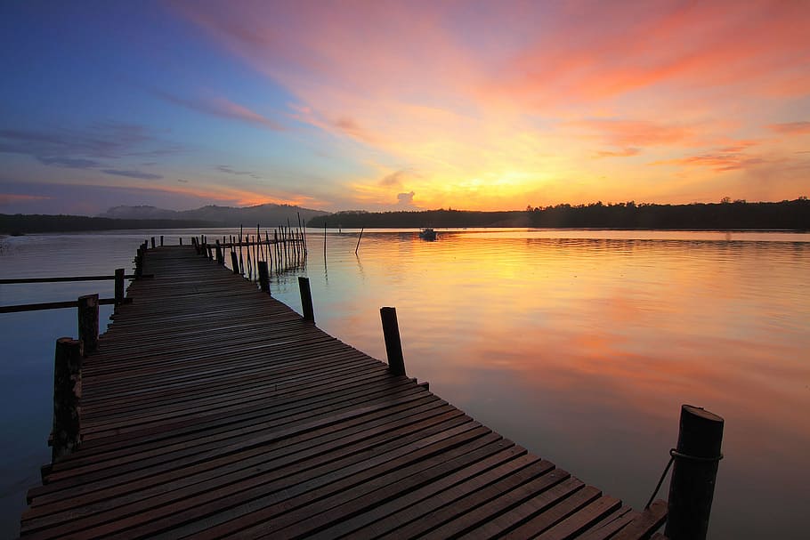 dawn, dock, dusk, jetty, lake, pier, sky, sunrise, sunset, water HD wallpaper