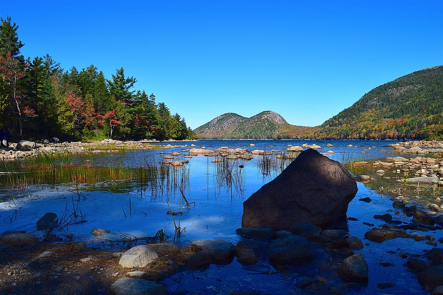 lake, shore, rocks, trees, mountains, water, nature, landscape HD wallpaper