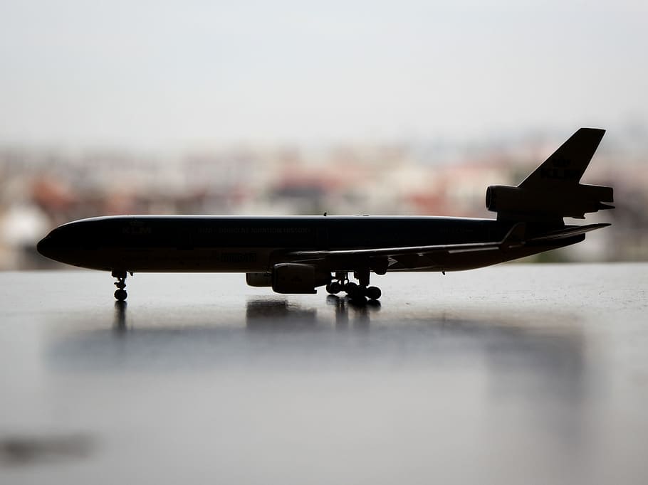 white and gray airplane scale model close-up photography, selective focus photography of plane scale model