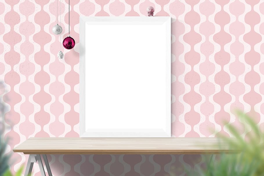 white photo frame on wooden end table, poster mockup, template HD wallpaper