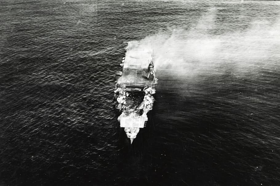 Hiryu before sinking at the battle of Midway, World War II, photos