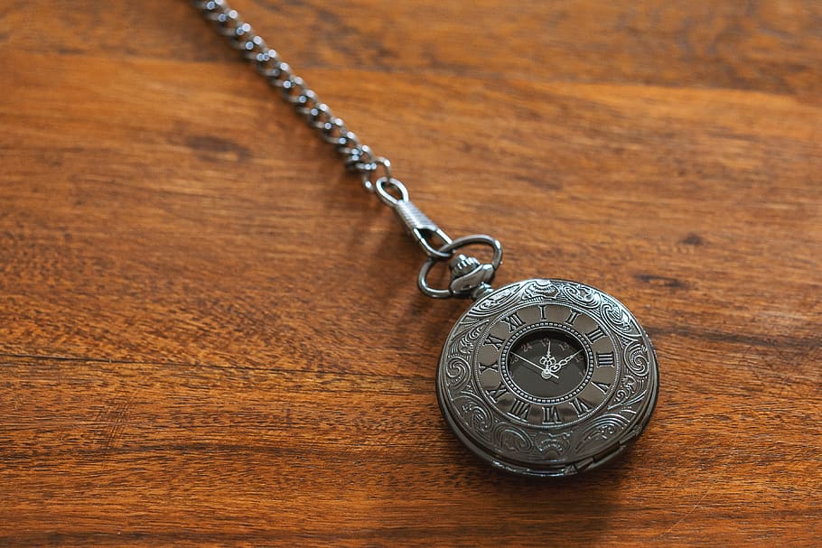 watch at 1:15, Pocket Watch, Clock, Time, Table, wood, metal HD wallpaper