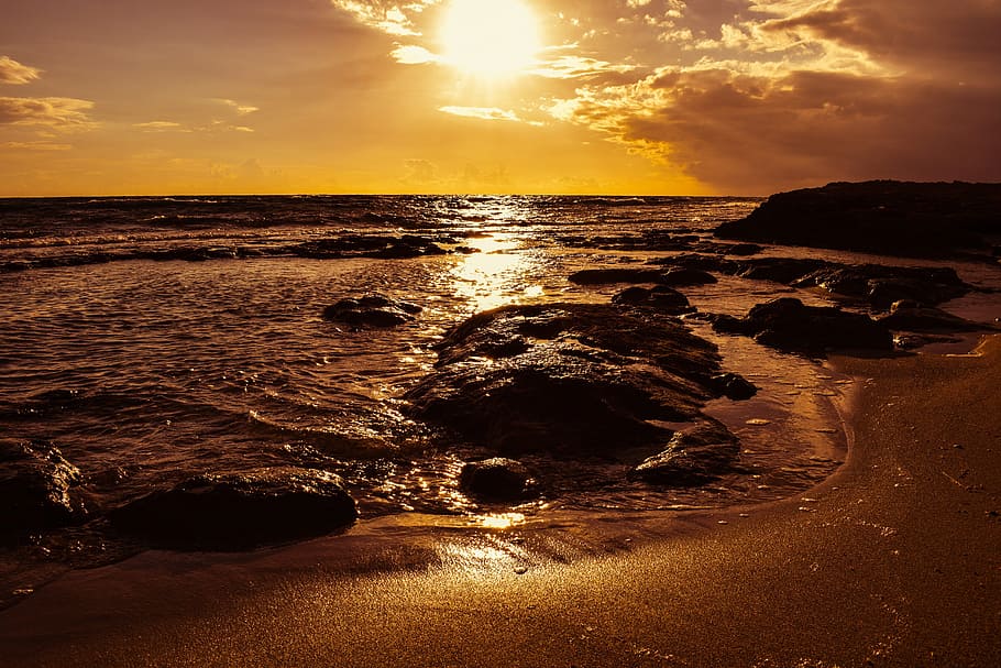 beach, coast, sunset, rock, sand, nature, landscape, sunlight HD wallpaper