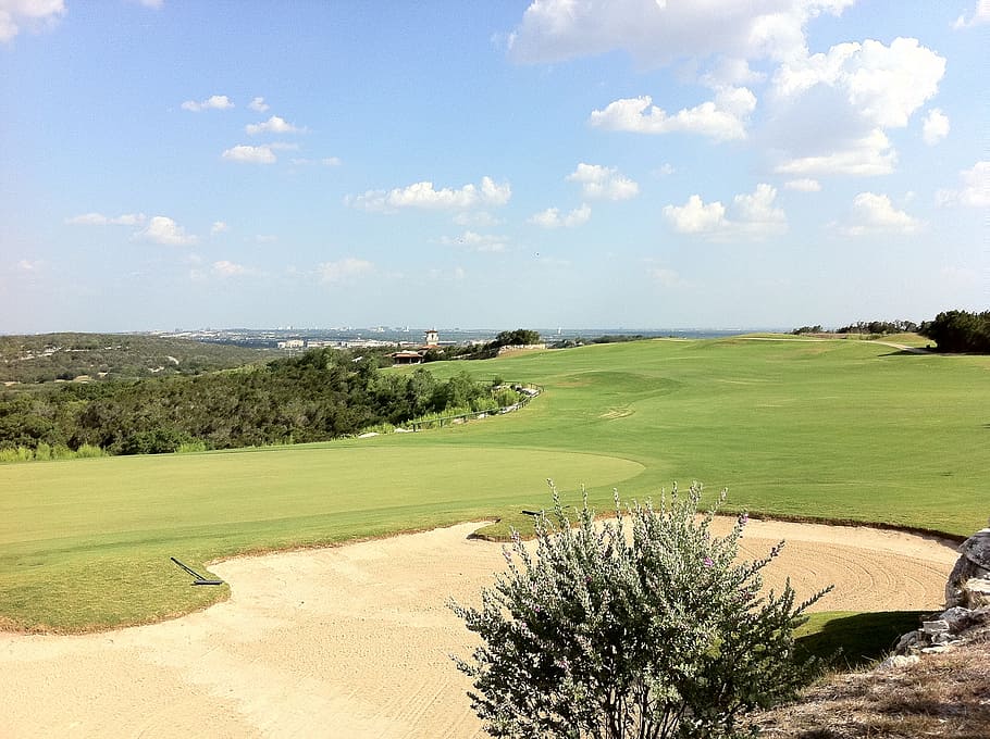 golf course under blue cloudy sky, green, grass, landscape HD wallpaper