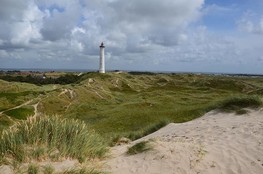 denmark, north sea, lighthouse, dune, sky, coast, clouds, dune landscape, HD wallpaper