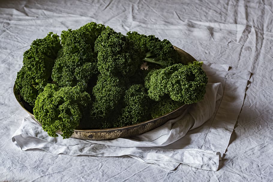 green leaf plants in gold-colored tray, green vegetables in brown bowl HD wallpaper