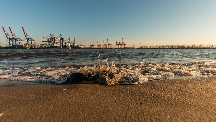 waters, sea, beach, sky, coast, hamburg, elbe, land, industry HD wallpaper