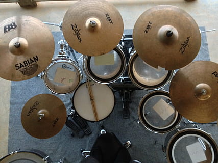 black drum set inside room, drums, cymbals, percussion, instrument HD wallpaper