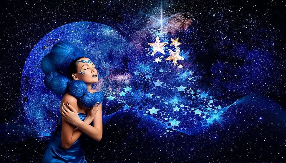 woman with blue hair wearing blue tube top dress, moon, astronomy HD wallpaper