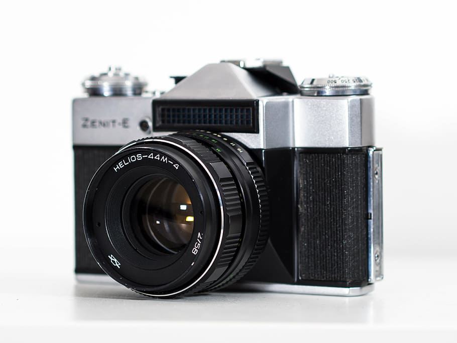 black and silver Zenit-E SLR camera, film, equipment, classic