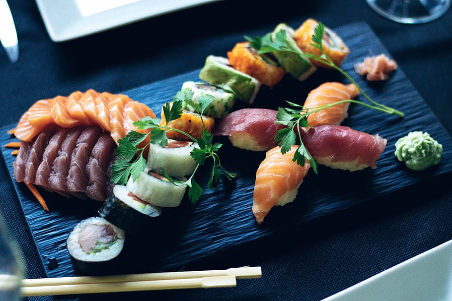sushi on black board beside chopstick, Salmon, Japanese, Cook, HD wallpaper
