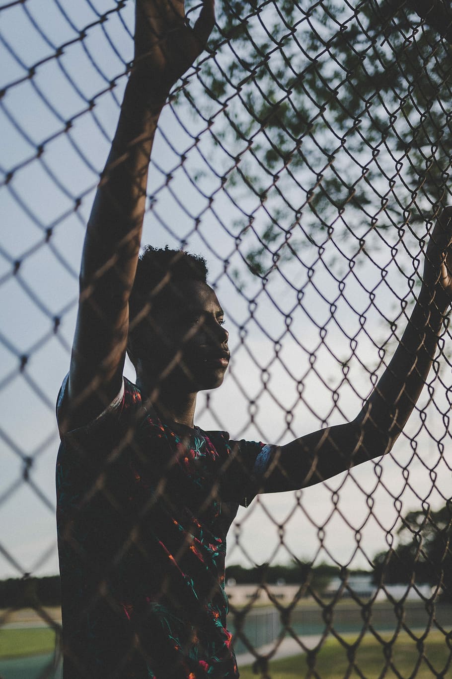 man holding fence at twilight, model, posing, boy, field, real people HD wallpaper