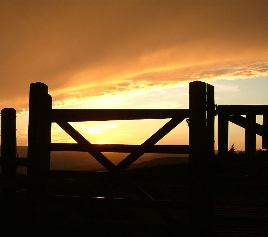 Gate, Sunset, Golden, Landscape, Orange, silhouette, sky, dramatic sky HD wallpaper