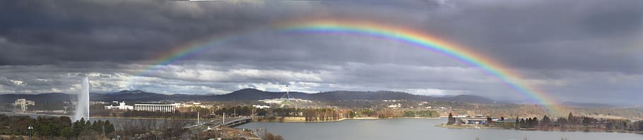 Love is Love, panorama photo of rainbow, horizon, fountain, city, HD wallpaper