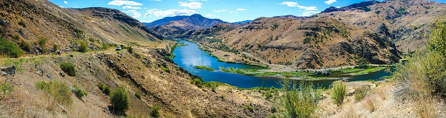 snake, river, hill, reflection, no people, grass, water, nature HD wallpaper