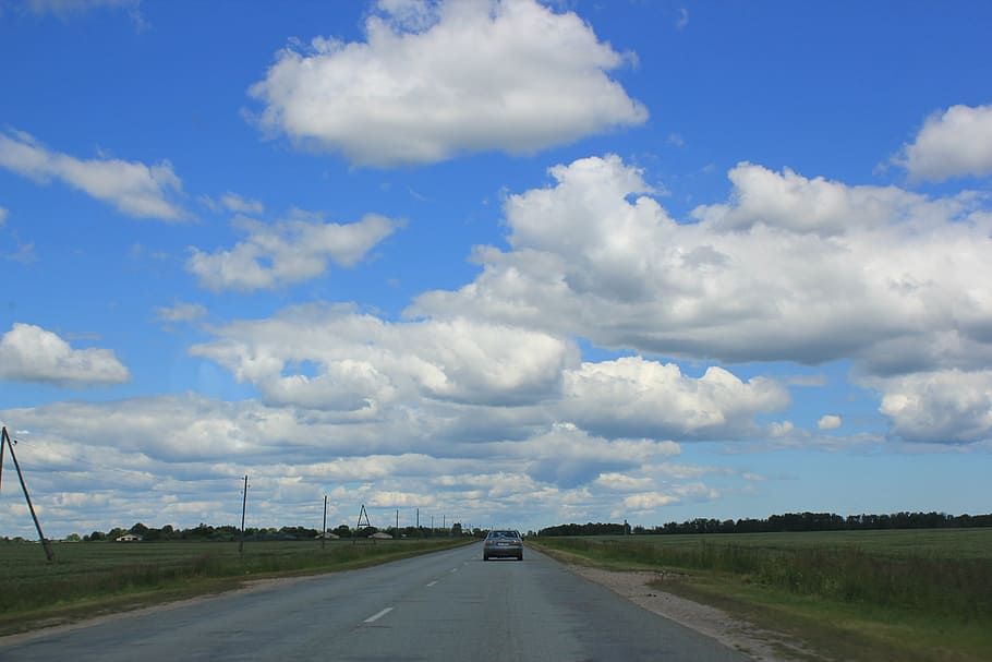 sky, road, clouds, countryside, car, nature, highway, transportation HD wallpaper