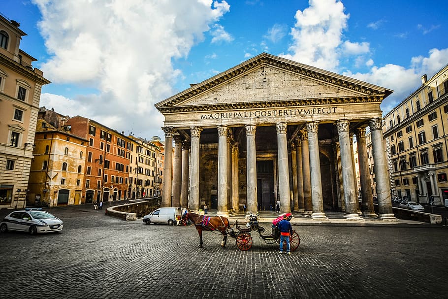 beige roman temple, rome, italy, pantheon, morning, city, monument