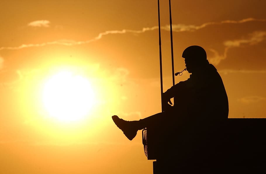 sunset, man, navy, sky, clouds, silhouette, bright, outside HD wallpaper