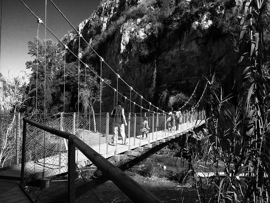 bridge, river, pendant, gateway, landscape, mountain, black and white HD wallpaper