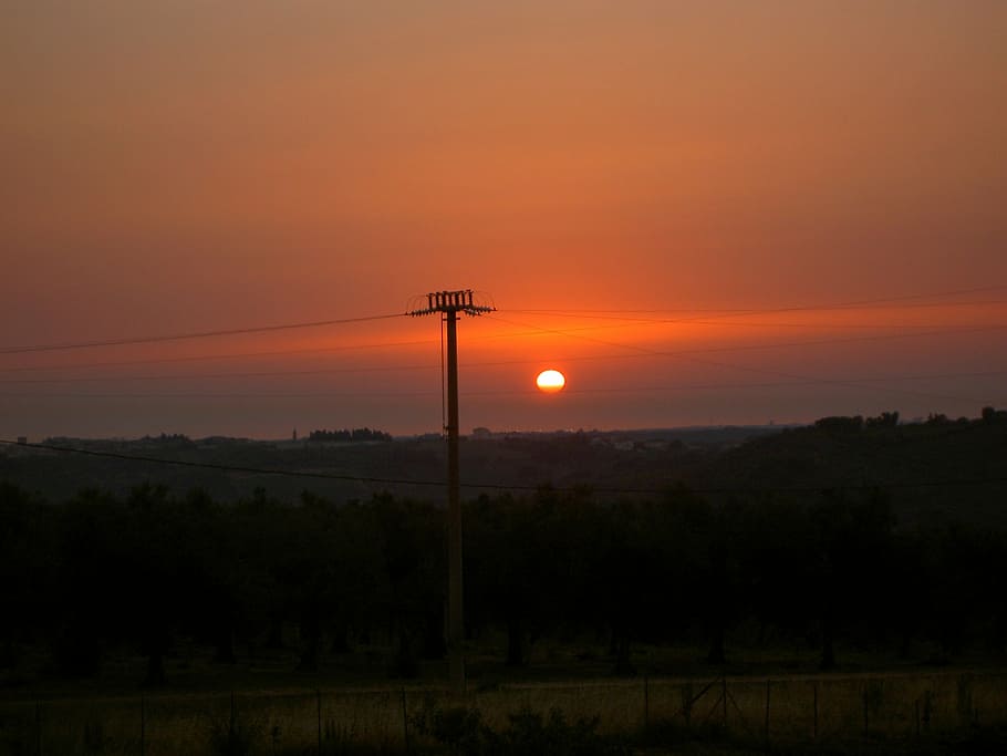 strommast, energy, power line, sunset, sky, orange color, beauty in nature HD wallpaper