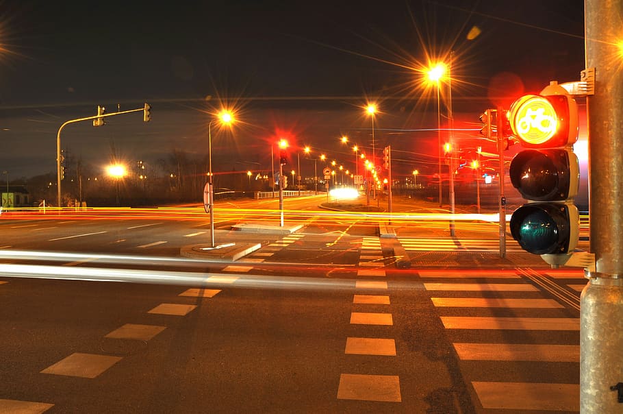 night, the semaphore, light, transport, road, city, evening HD wallpaper
