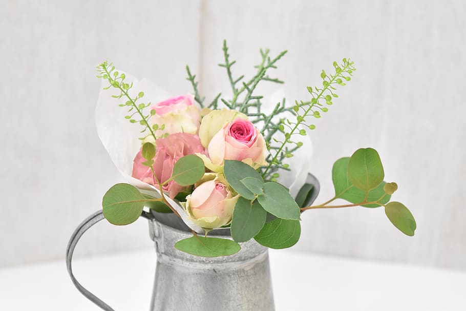 leaf, flowers, plant, vase, pot cookware, eucalyptus, miniature roses, HD wallpaper